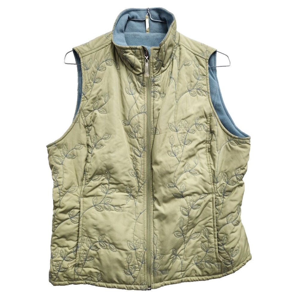 Eddie Bauer Womens Vest‎ Medium Olive Green Fleece Lined Embroidered Outdoor